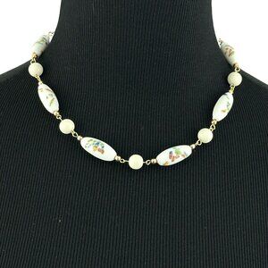 TOMBO bead vintage choker necklace - white floral Japanese millefiori art glass